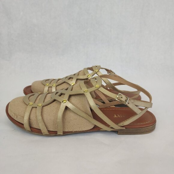 Report Gold Strappy Sandals Women’s 8.5 Flats Ankle Wrap Buckle Gladiator Beach - Picture 10 of 14